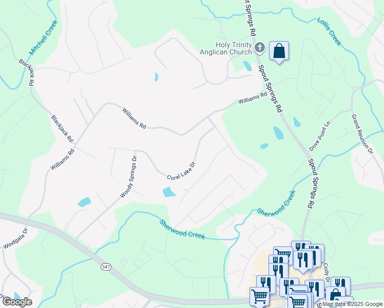 map of restaurants, bars, coffee shops, grocery stores, and more near 7232 Coral Lake Drive in Flowery Branch