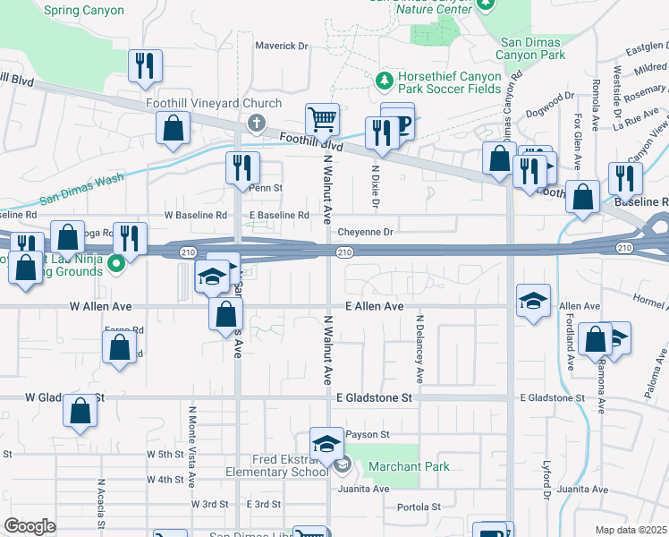 map of restaurants, bars, coffee shops, grocery stores, and more near 956 North Walnut Avenue in San Dimas