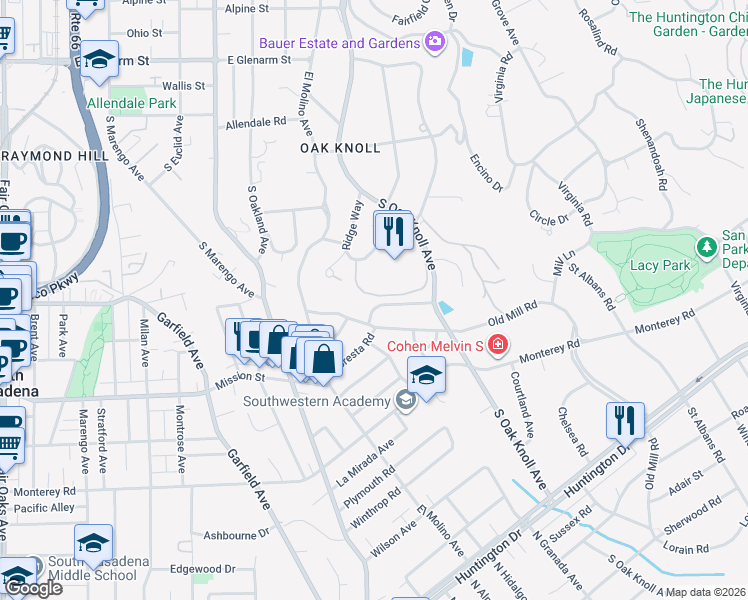 map of restaurants, bars, coffee shops, grocery stores, and more near 820 Huntington Circle in Pasadena