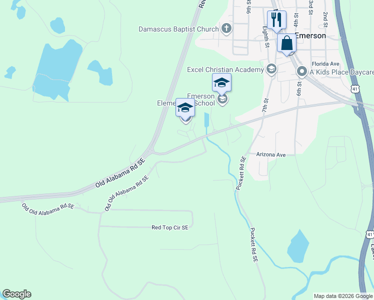 map of restaurants, bars, coffee shops, grocery stores, and more near 227 Old Alabama Rd SE in Emerson