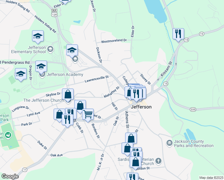 map of restaurants, bars, coffee shops, grocery stores, and more near 84 Mahaffey Street in Jefferson