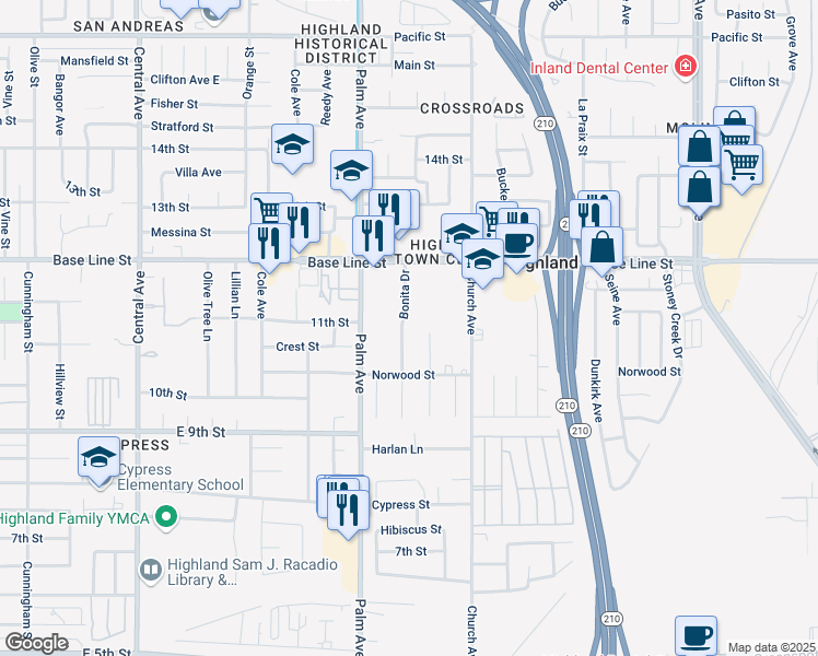 map of restaurants, bars, coffee shops, grocery stores, and more near 7421 Bonita Drive in Highland