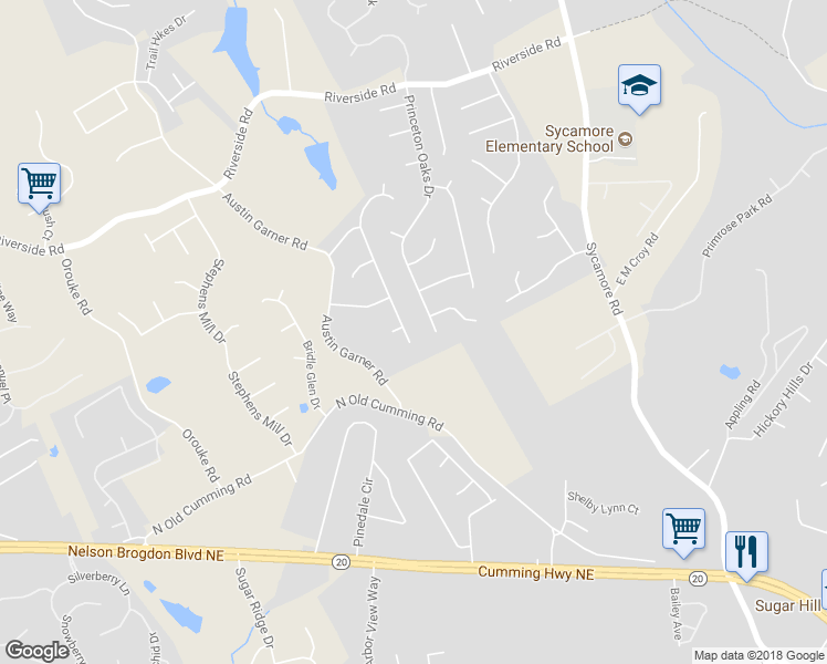 map of restaurants, bars, coffee shops, grocery stores, and more near 5515 Sugar Crossing Drive in Sugar Hill