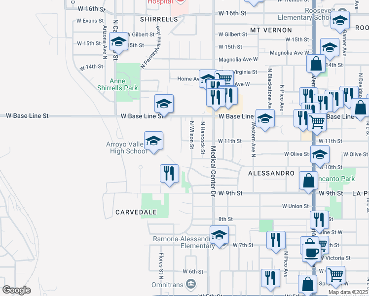 map of restaurants, bars, coffee shops, grocery stores, and more near Madison Street North in San Bernardino