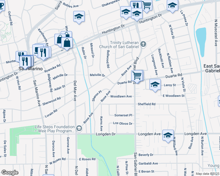 map of restaurants, bars, coffee shops, grocery stores, and more near 1705 Sharon Place in San Marino