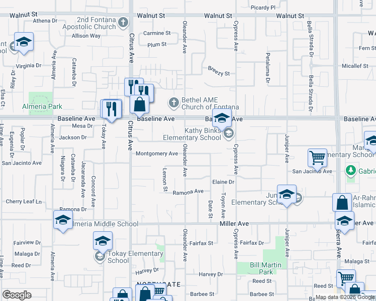 map of restaurants, bars, coffee shops, grocery stores, and more near 7425 Oleander Avenue in Fontana