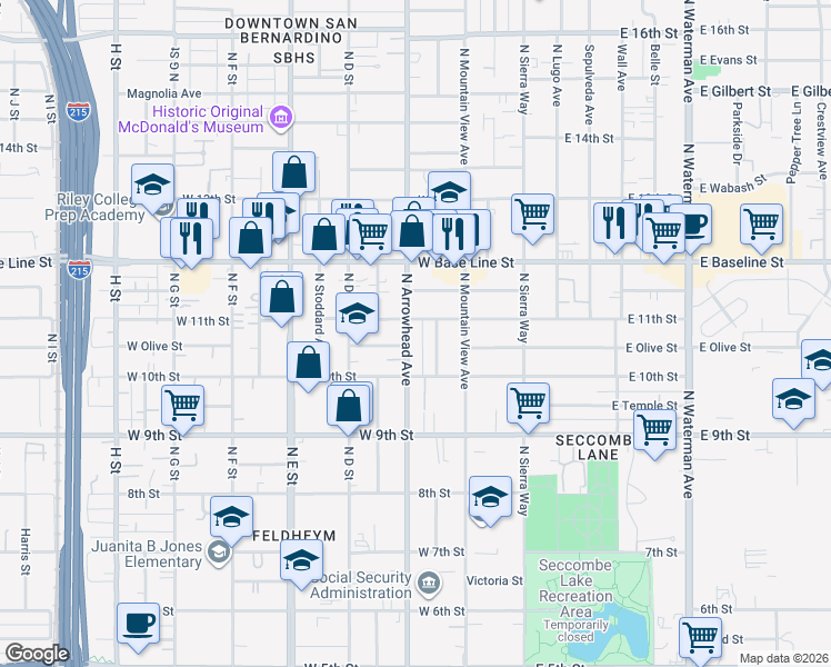 map of restaurants, bars, coffee shops, grocery stores, and more near 1077 North Arrowhead Avenue in San Bernardino