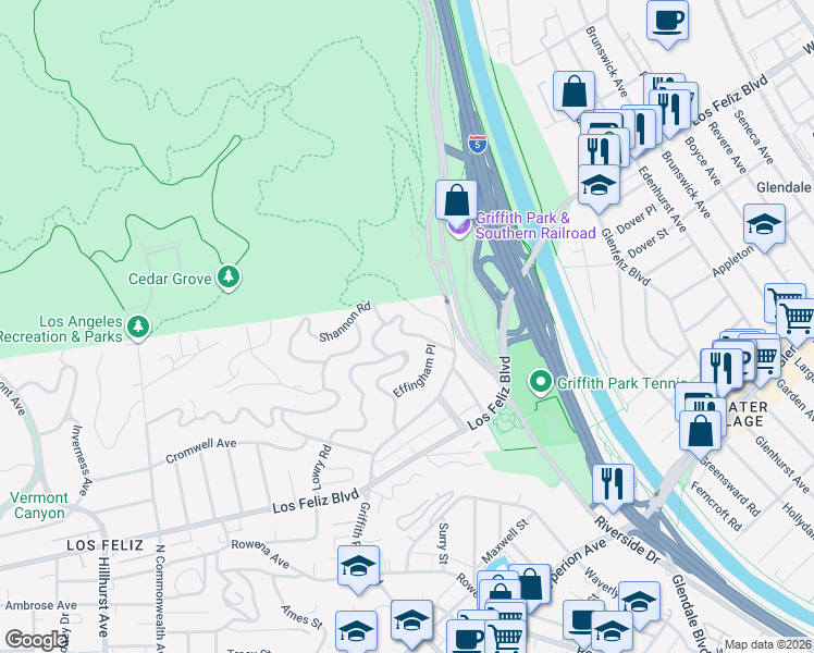 map of restaurants, bars, coffee shops, grocery stores, and more near 3647 Shannon Road in Los Angeles