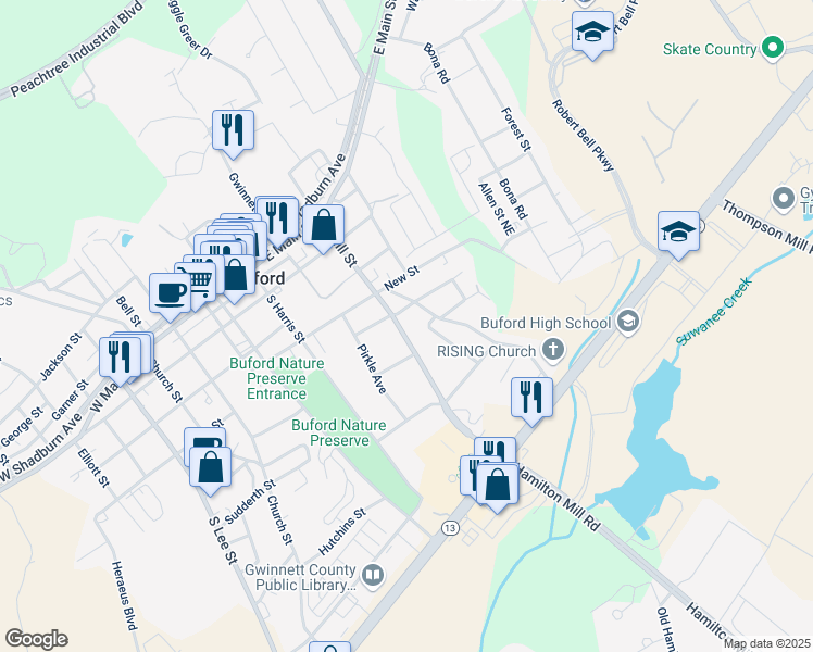 map of restaurants, bars, coffee shops, grocery stores, and more near 420 South Hill Street in Buford