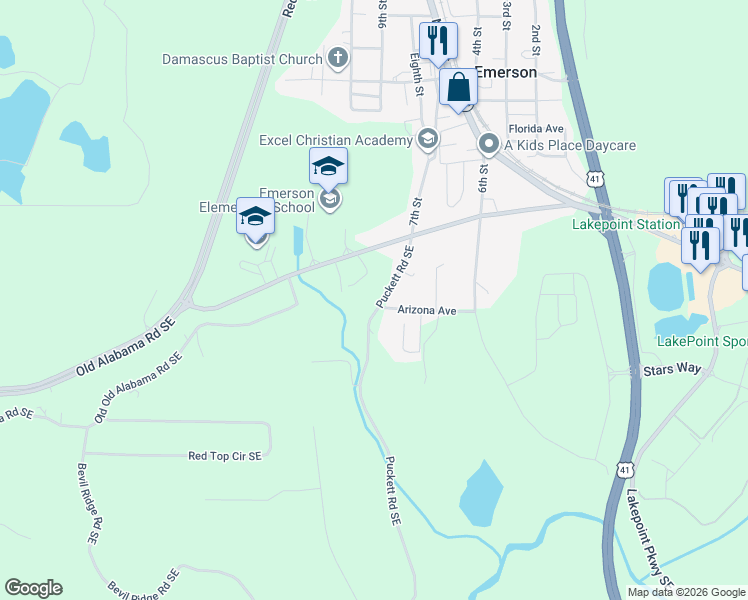 map of restaurants, bars, coffee shops, grocery stores, and more near 161 Old Alabama Road Southeast in Emerson