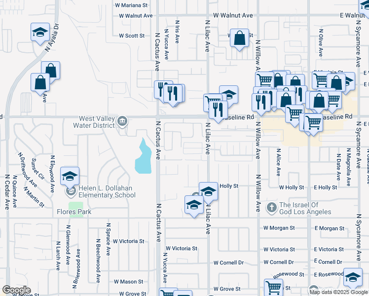 map of restaurants, bars, coffee shops, grocery stores, and more near 594 West Shamrock Street in Rialto