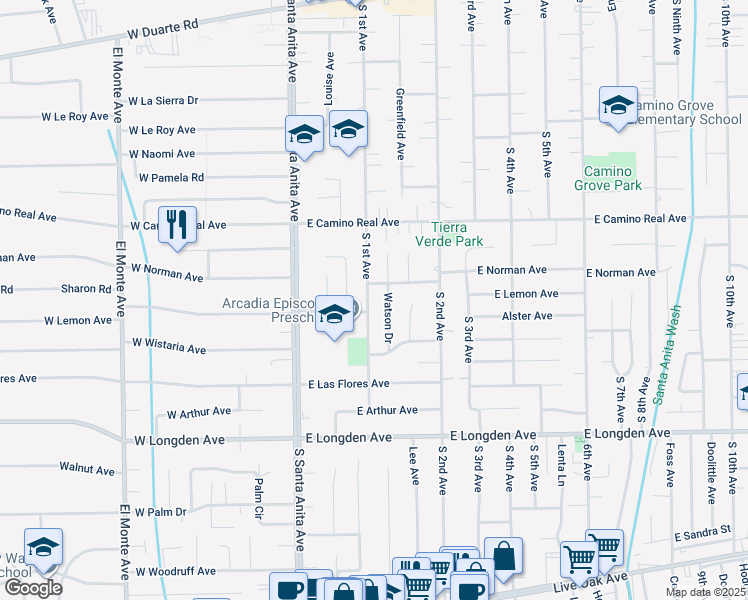 map of restaurants, bars, coffee shops, grocery stores, and more near 1814 South 1st Avenue in Arcadia