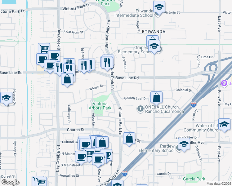 map of restaurants, bars, coffee shops, grocery stores, and more near 7393 Reserve Place in Rancho Cucamonga