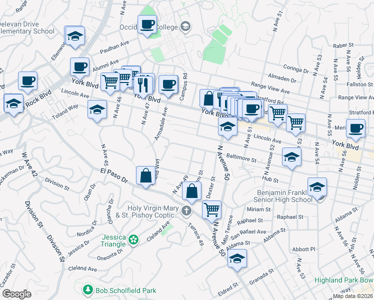 map of restaurants, bars, coffee shops, grocery stores, and more near 4838 Baltimore Street in Los Angeles