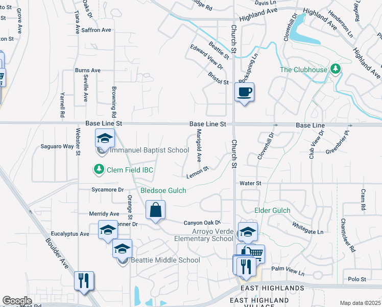 map of restaurants, bars, coffee shops, grocery stores, and more near 7413 Crimson Drive in Highland