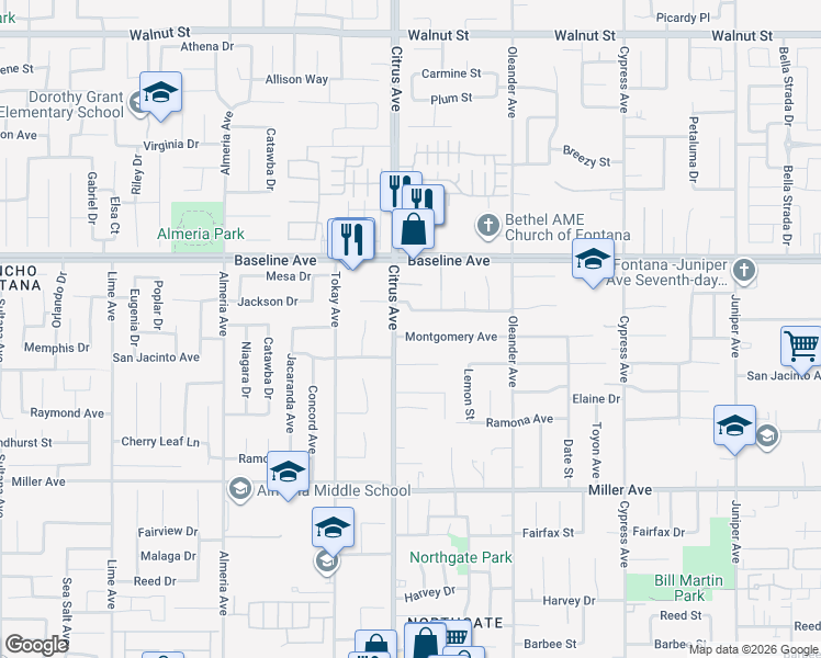 map of restaurants, bars, coffee shops, grocery stores, and more near 16118 Montgomery Avenue in Fontana