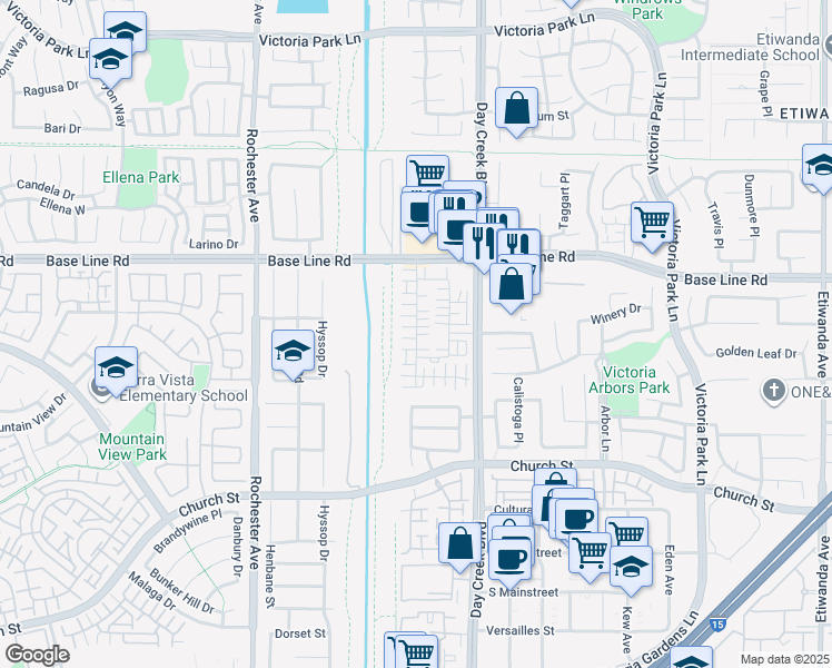 map of restaurants, bars, coffee shops, grocery stores, and more near 7390 Solstice Place in Rancho Cucamonga