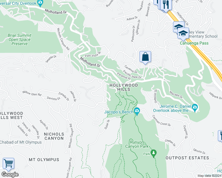 map of restaurants, bars, coffee shops, grocery stores, and more near 7420 Cervantes Place in Los Angeles