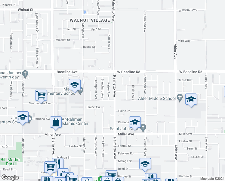 map of restaurants, bars, coffee shops, grocery stores, and more near 7420 Palmetto Avenue in Fontana
