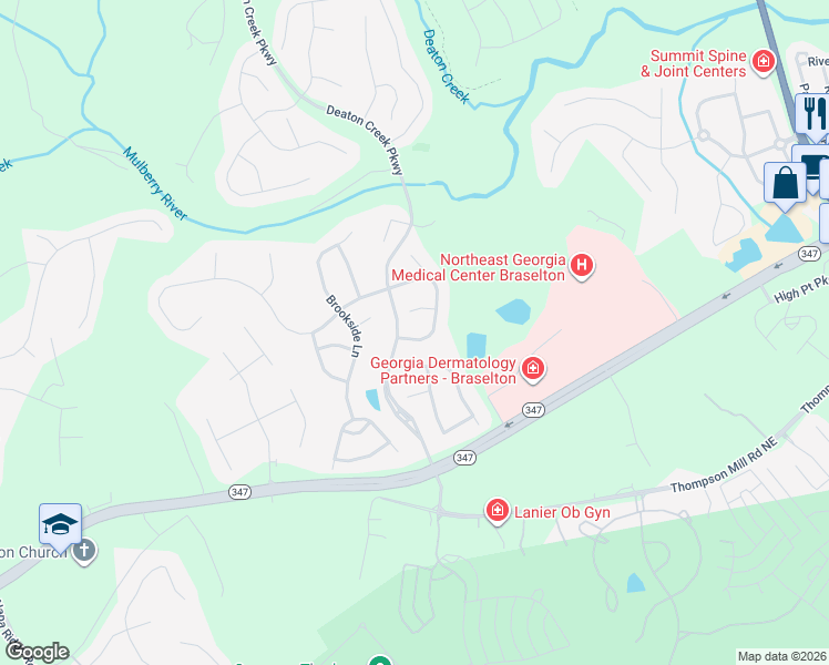 map of restaurants, bars, coffee shops, grocery stores, and more near 5933 Creekside Lane in Hoschton