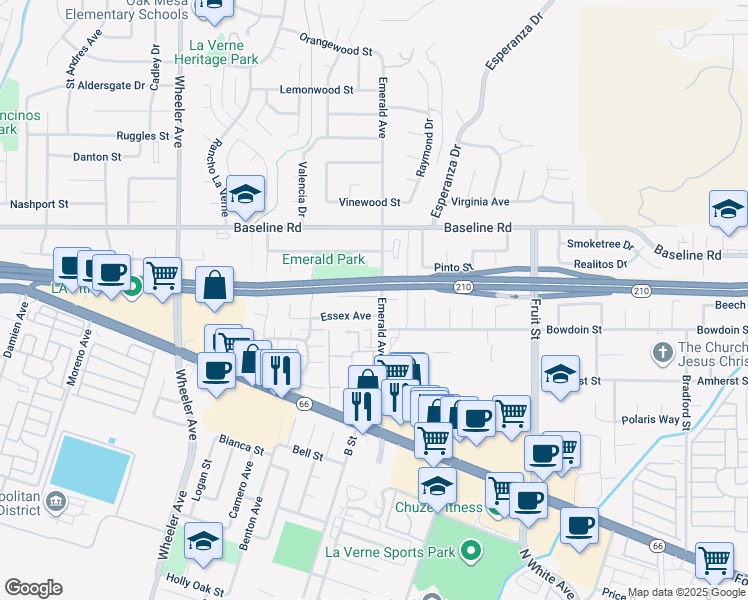 map of restaurants, bars, coffee shops, grocery stores, and more near 4333 Emerald Avenue in La Verne