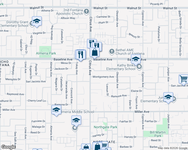 map of restaurants, bars, coffee shops, grocery stores, and more near 16118 Montgomery Avenue in Fontana