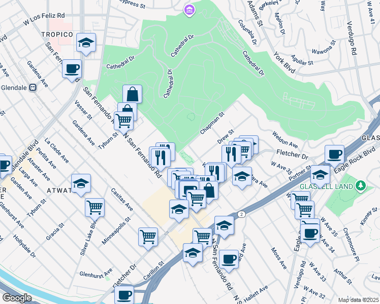 map of restaurants, bars, coffee shops, grocery stores, and more near 3232 West Avenue 32 in Los Angeles