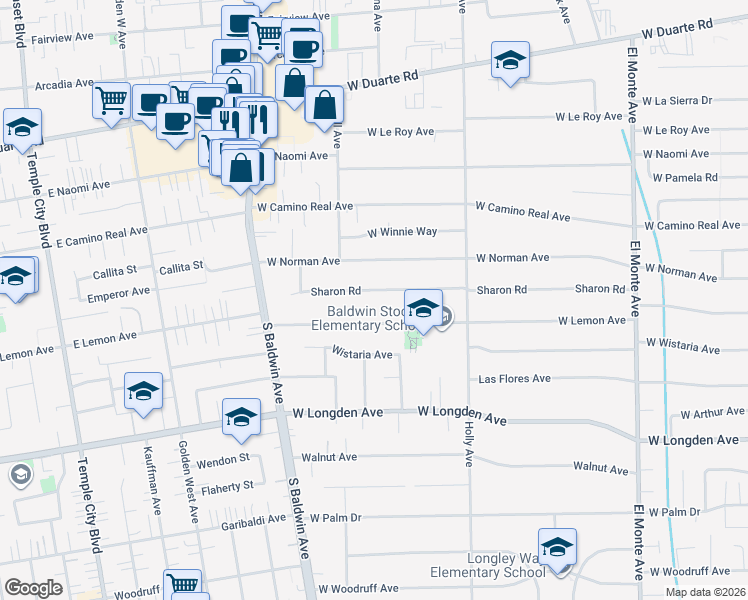 map of restaurants, bars, coffee shops, grocery stores, and more near 516 Sharon Road in Arcadia