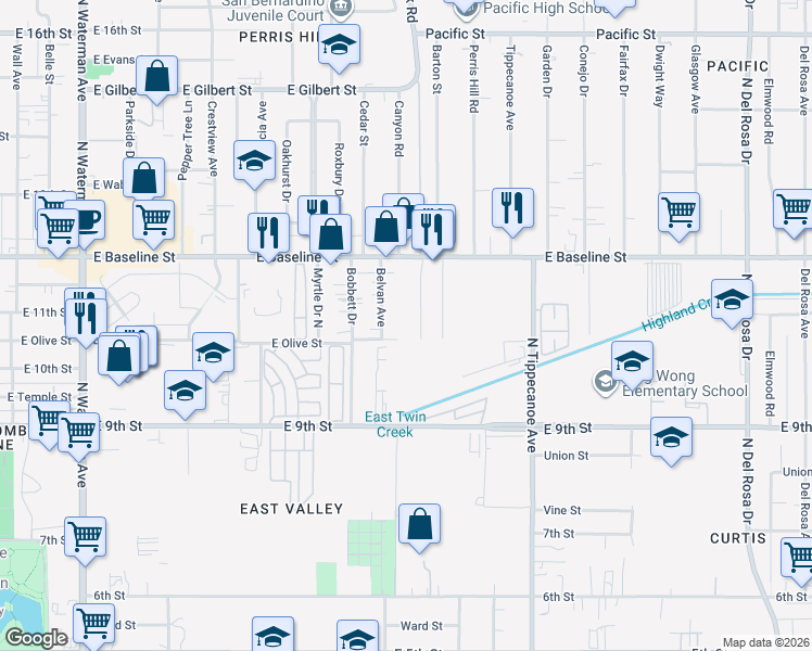 map of restaurants, bars, coffee shops, grocery stores, and more near 24666 East Olive Street in San Bernardino
