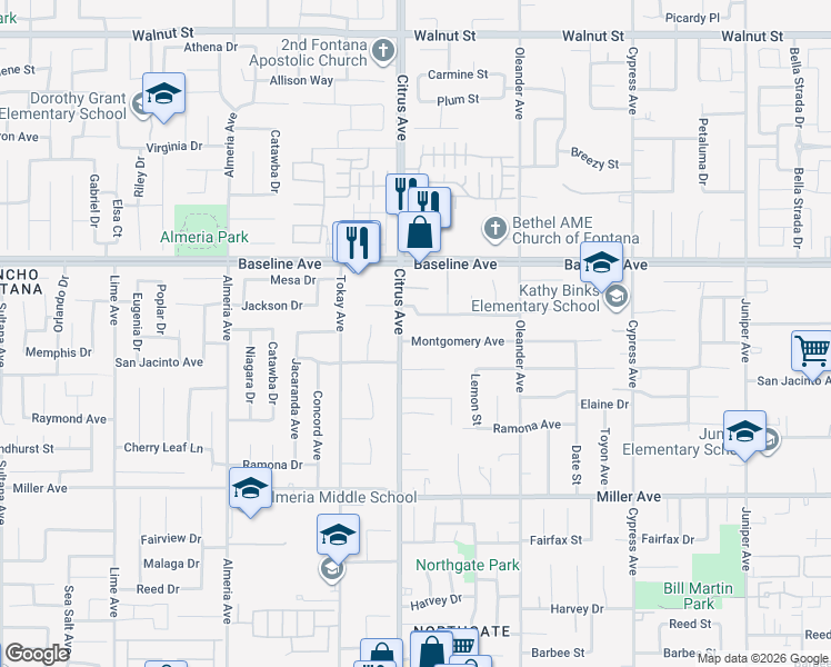 map of restaurants, bars, coffee shops, grocery stores, and more near 16118 Montgomery Avenue in Fontana