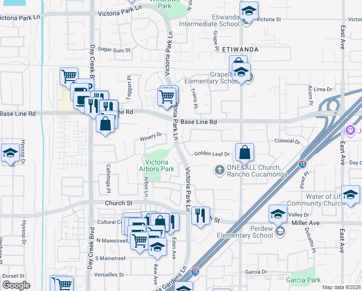 map of restaurants, bars, coffee shops, grocery stores, and more near 7393 Reserve Place in Rancho Cucamonga