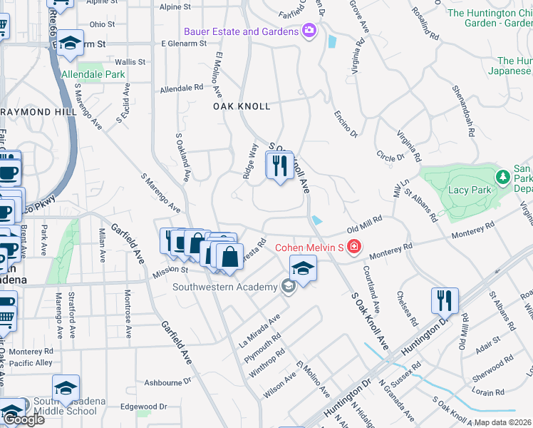 map of restaurants, bars, coffee shops, grocery stores, and more near 820 Huntington Circle in Pasadena