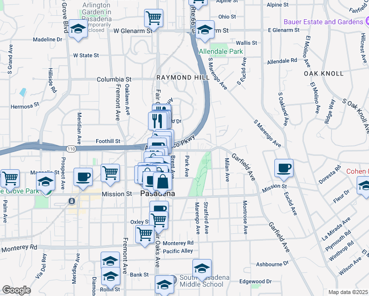 map of restaurants, bars, coffee shops, grocery stores, and more near 1730 Grevelia Street in South Pasadena