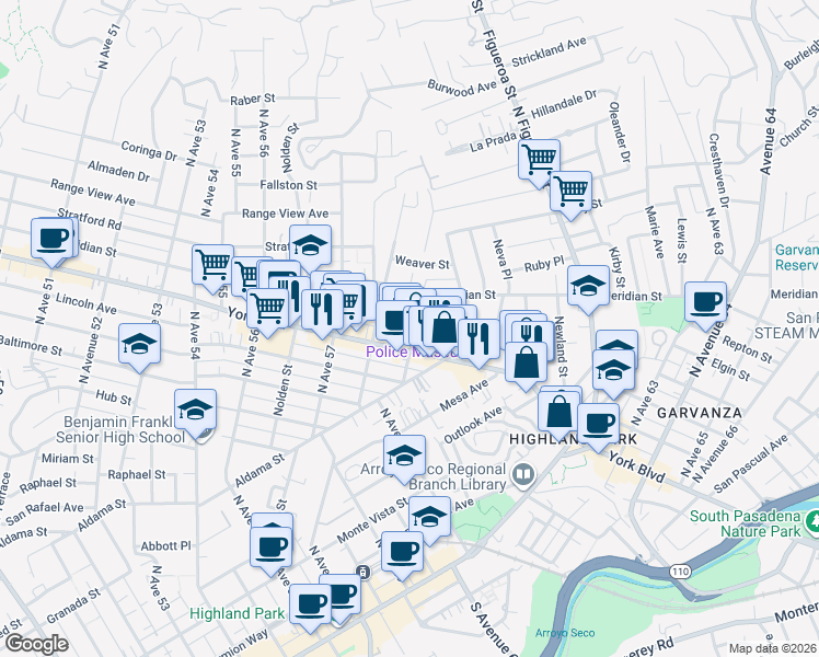 map of restaurants, bars, coffee shops, grocery stores, and more near 5827 York Boulevard in Los Angeles