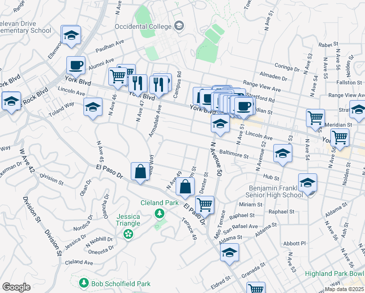 map of restaurants, bars, coffee shops, grocery stores, and more near 4838 Baltimore Street in Los Angeles