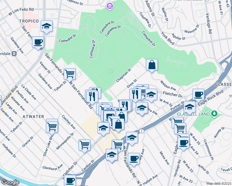 map of restaurants, bars, coffee shops, grocery stores, and more near 3205 Drew Street in Los Angeles