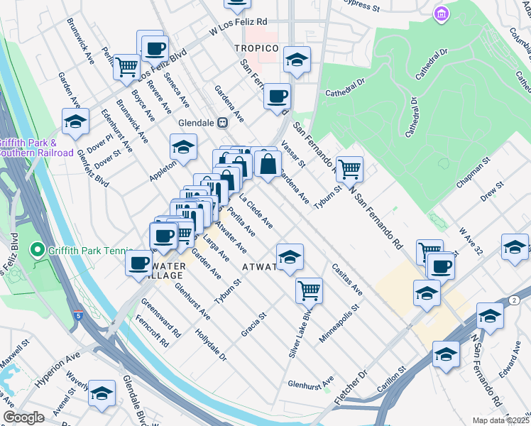 map of restaurants, bars, coffee shops, grocery stores, and more near 3458 La Clede Avenue in Los Angeles
