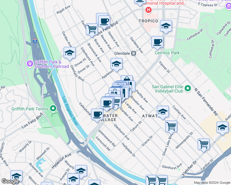 map of restaurants, bars, coffee shops, grocery stores, and more near 3659 Edenhurst Avenue in Los Angeles