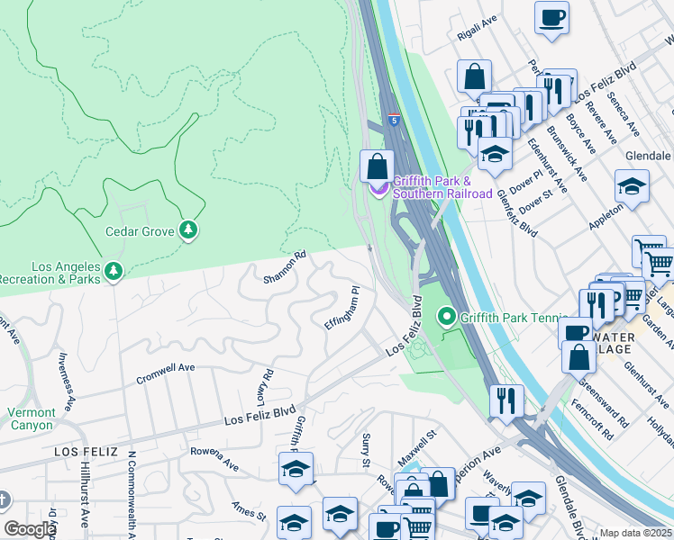 map of restaurants, bars, coffee shops, grocery stores, and more near 3647 Shannon Road in Los Angeles