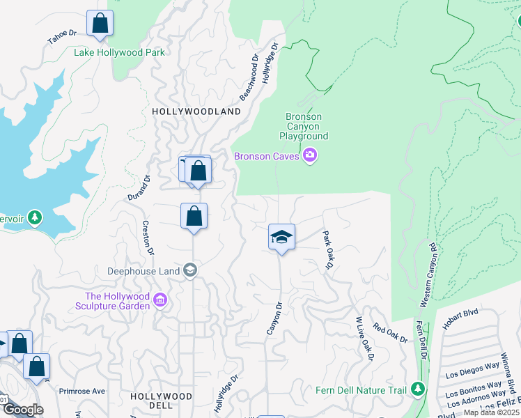 map of restaurants, bars, coffee shops, grocery stores, and more near 2647 Bronholly Drive in Los Angeles