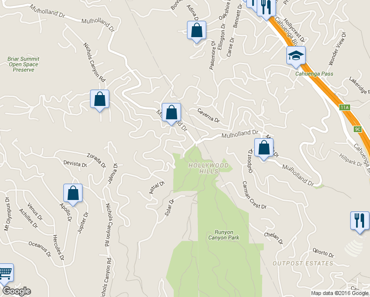 map of restaurants, bars, coffee shops, grocery stores, and more near 7404 Cervantes Place in Los Angeles