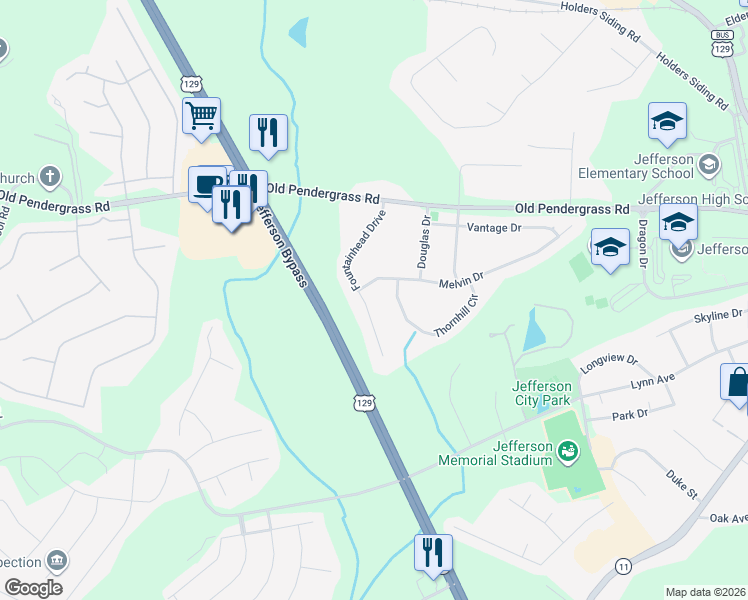 map of restaurants, bars, coffee shops, grocery stores, and more near 315 Fountainhead Drive in Jefferson