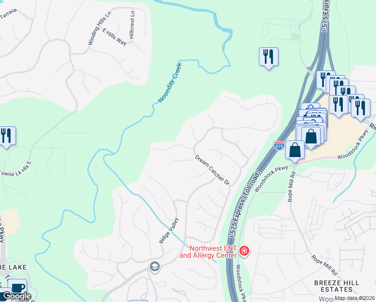 map of restaurants, bars, coffee shops, grocery stores, and more near 303 Horseshoe Bend in Woodstock
