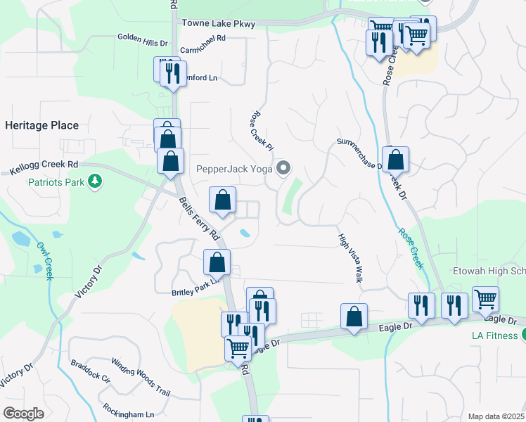 map of restaurants, bars, coffee shops, grocery stores, and more near 507 Mirramont Place in Woodstock