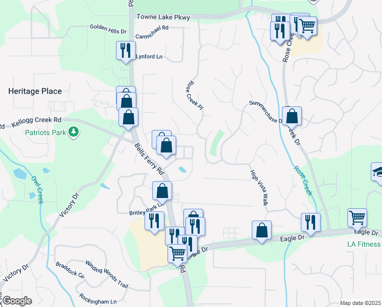 map of restaurants, bars, coffee shops, grocery stores, and more near 506 Mirramont Place in Woodstock