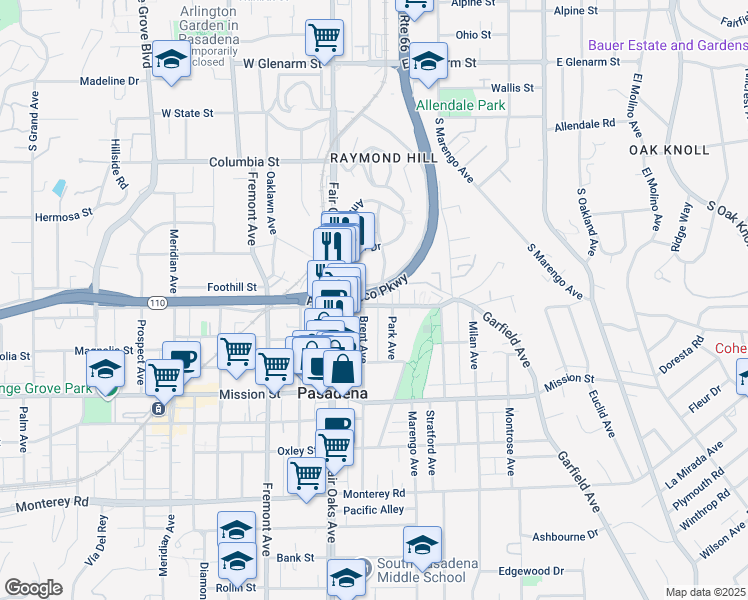 map of restaurants, bars, coffee shops, grocery stores, and more near 1700 Grevelia Street in South Pasadena