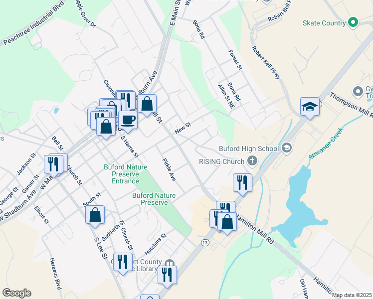 map of restaurants, bars, coffee shops, grocery stores, and more near 420 South Hill Street in Buford