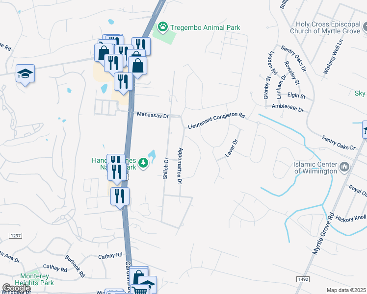 map of restaurants, bars, coffee shops, grocery stores, and more near Chancellorsville Drive in Wilmington