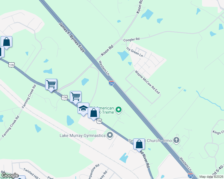 map of restaurants, bars, coffee shops, grocery stores, and more near 125 Western Lane in Irmo
