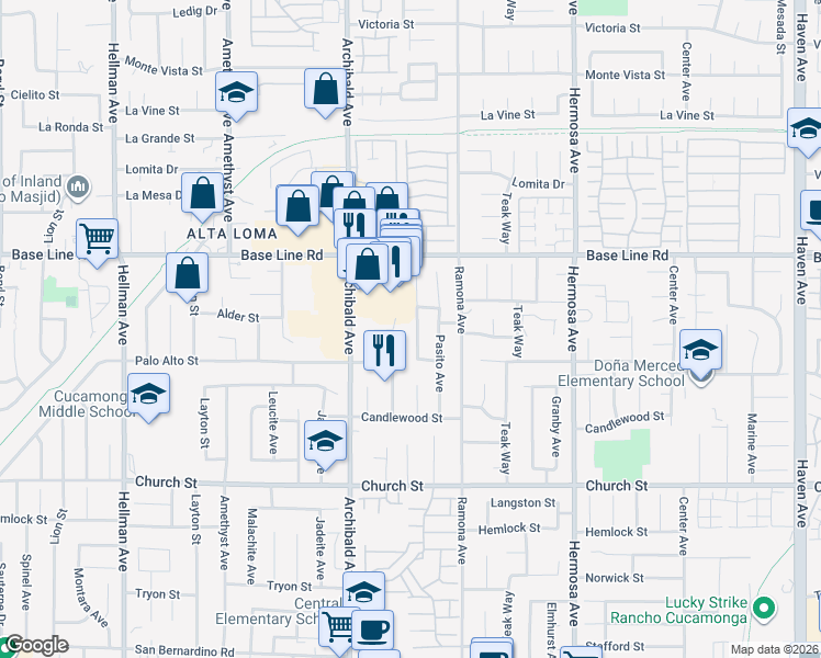 map of restaurants, bars, coffee shops, grocery stores, and more near 7420 London Avenue in Rancho Cucamonga